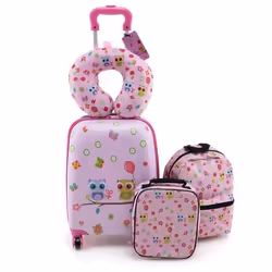COSTWAY 5 PCS Valise Enfant 16’’ + Sac à dos 12’’ Oreiller Cervical Etiquette Sac à Déjeuner Voyages en Avion Hibou