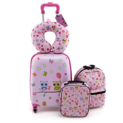 COSTWAY 5 PCS Valise Enfant 16’’ + Sac à dos 12’’ Oreiller Cervical Etiquette Sac à Déjeuner Voyages en Avion Hibou