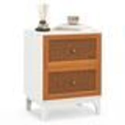 COSTWAY Table de Chevet en Rotin Naturel avec 2 Tiroirs Pieds en Bois Massif pour Chambre Salon Marron 46 x 33 x 595 cm