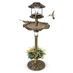 COSTWAY Mangeoire dOiseaux Solaire sur Pied Support à Remplir Bain dOiseaux avec 2 Panneaux Solaires et Jardinière Bronzé