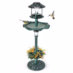 COSTWAY Mangeoire dOiseaux Solaire sur Pied Support à Remplir Bain dOiseaux avec 2 Panneaux Solaires et Jardinière Bronzé Ver ...