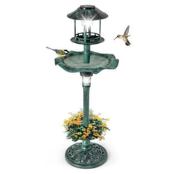 COSTWAY Mangeoire dOiseaux Solaire sur Pied Support à Remplir Bain dOiseaux avec 2 Panneaux Solaires et Jardinière Bronzé Vert