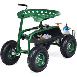 Costway - Siège de Jardin Roulant avec Poignée Extensible, Chariot Jardinage avec Siège Rotative 2 Plateaux à Outils Panier de Rangement 4 Roues en