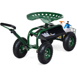 Costway - Siège de Jardin Roulant avec Poignée Extensible, Chariot Jardinage avec Siège Rotative 2 Plateaux à Outils Panier de Rangement 4 Roues en