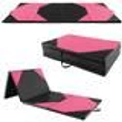 Tapis de Gymnastique Pliable COSTWAY-300 x 117 x 5 cm-4 Plis en Mousse et PU-avec Poignées Attaches Auto-agrippantes-Rose+Noir