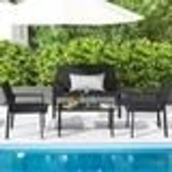 COSTWAY Ensemble 4 Pièces Table Basse et Chaises de Jardin en Osier Ensemble Meubles de Patio pour Balcon Terrasse Cour Noir