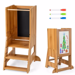 Tour dApprentissage Montessori en Bois COSTWAY-Tabouret de Cuisine-Tableau-3 Stylos à Base dEau-MarcheHauteur Réglable-Nature ...