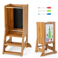 Tour dApprentissage Montessori en Bois COSTWAY-Tabouret de Cuisine-Tableau-3 Stylos à Base dEau-MarcheHauteur Réglable-Naturel