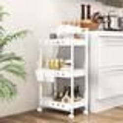 COSTWAY Chariot de Rangement Mobile à 3 Niveaux avec 3 Bacs et 4 Crochets pour Salon Chambre Cuisine Salle de Bain Blanc