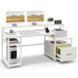 COSTWAY Bureau Informatique Tout en Un - Support pour 2 Écrans Tiroir à Fichiers Étagères Ouvertes de Rangement 168 x 69 x 89 cm
