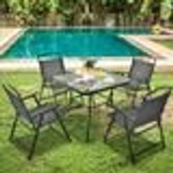 COSTWAY Lot de 4 Chaises Pliantes de Jardin en Tissu Respirant - Dossier et Accoudoirs - Charge 150 KG - Terrasse Piscine Cour