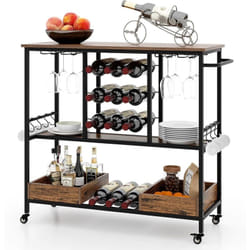 Costway - Chariot de Bar 3 Niveaux, Desserte à roulettes, Chariot à Boissons Industriel avec Porte-Bouteilles et Porte-Verres, Crochets & Boîtes de
