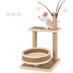 Costway - Arbre à Chat en Bois 2 Niveaux 40 cm, Grand Niche, Perchoir Plateforme, Tapis en Rotin, 3 Pompons Amovibles, Poteaux à Gratter en Sisal,