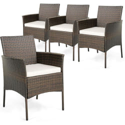 Lot de 4 Chaises de Jardin en Rotin pour l'Extérieur, Chaises de Salle à Manger avec Coussins Moelleux, Fauteuils de Patio avec Cadre Métallique