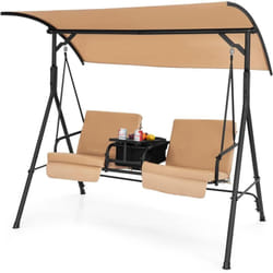 Costway - Balancelle d'Extérieur à 2 Places, Balançoire de Porche avec Sac Isotherme et Plateau Rotatif, Balancelle de Jardin avec Auvent Réglable et
