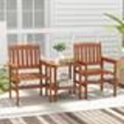 COSTWAY Ensemble Table et 2 Chaises de Jardin en Bois Trou pour Parasol Ensemble Meubles de Patio 3PCS pour Cour Balcon Terrasse