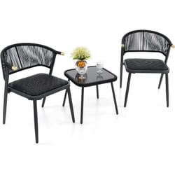 Ensemble de Meubles 3 Pcs de Patio en Rotin Charge 180KG, Salon de Jardin Chaises Rembourrées en Mousse à Séchage Rapide Table avec Plateau en Verre