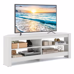 COSTWAY 65 Meuble TV à 3 Niveaux avec Prise de Courant 4 Etagères Ouvertes Meuble TV dAngle pour Salon Chambre Blanc