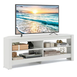 COSTWAY 65 Meuble TV à 3 Niveaux avec Prise de Courant 4 Etagères Ouvertes Meuble TV dAngle pour Salon Chambre Blanc