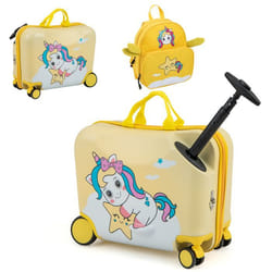 COSTWAY Valise Enfants à Roulettes 18” avec Sac à Dos 12” Roues Coque Imperméable Poignée Rétractable Licorne 3 Ans+ Jaune