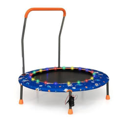 Costway Trampoline Enfant Ø92cm Avec 21 Lumières Led & Poignée Amovible, Mini Trampoline Exterieur Enfant Avec Motif D'Astronaute & Tapis Antidérapant Pour Enfant De 3-6 Ans (bleu)