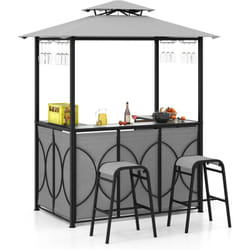 Costway - Tonnelle de Barbecue 3 Pcs avec 2 Tabourets de Bar, Abri Barbecue avec Plateau en Verre Trempé Étagères en Métal Auvent à Double Toit, pour