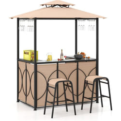 Costway - Tonnelle de Barbecue 3 Pcs avec 2 Tabourets de Bar, Abri Barbecue avec Plateau en Verre Trempé Étagères en Métal Auvent à Double Toit, pour