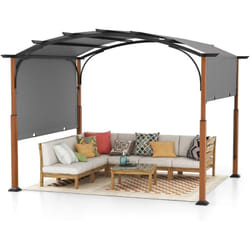Pergola Rétractable d'Extérieur 300 x 360 cm, Pergola Métallique à Arcs pour Patio avec Auvent Rétractable Poteaux Aspect Bois, Tonnelle Treillis