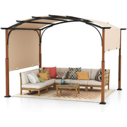 Pergola Rétractable d'Extérieur 300 x 360 cm, Pergola Métallique à Arcs pour Patio avec Auvent Rétractable Poteaux Aspect Bois, Tonnelle Treillis