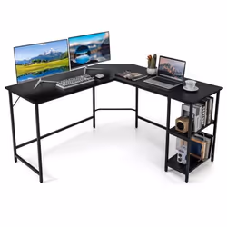 COSTWAY Bureau dAngle Informatique en Forme L 138 CM Industriel avec Structure en Acier au Carbone Étagère à 2 Niveaux Noir