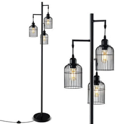 Lampadaire Industriel en Métal 169CM COSTWAY-3 Abat-jours Forme de Cage-Interrupteur au Pied-E27 60WAmpoule non incluse-Bureau-Noir