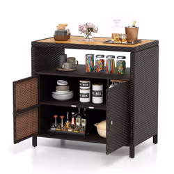 COSTWAY Coffre de Rangement en Rotin avec Plateau en Acacia 2 Portes Armoire de Jardin en Osier pour Piscine Terrasse Patio B ...