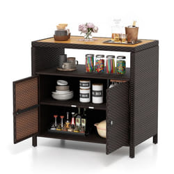 COSTWAY Coffre de Rangement en Rotin avec Plateau en Acacia 2 Portes Armoire de Jardin en Osier pour Piscine Terrasse Patio Brun