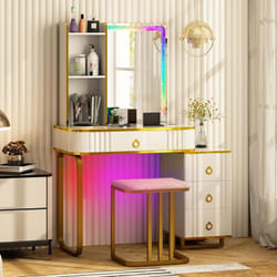 Costway - Coiffeuse avec Miroir led, Table de Maquillage avec Tabouret Rembourré, 4 Tiroirs, Lumières led rvb avec 7 Modes Dynamiques, Station De