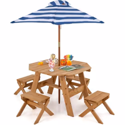 À propos de cet article 【Table de Pique-nique d'Extérieur】Cette table octogonale en bois enfants est livrée avec un parasol e ...