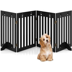 COSTWAY Barrière de Sécurité Modulable Pliable pour Animaux Chiens à 4 Panneaux avec 2 Pieds de Support Amovibles 204x61CM Marron