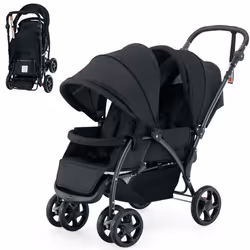 Poussette Double Jumeaux Pliable COSTWAY Auvent Capote Réglable Canne Landau 4 Roues Anti-chocs Harnais à 5 Points Charge 30k ...