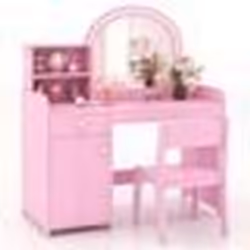 COSTWAY Coiffeuse 2 en 1 avec Chaise pour Enfants avec Miroir et 120 Lumières LED 2 Étagères et Tiroir Rose