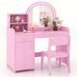 COSTWAY Coiffeuse 2 en 1 avec Chaise pour Enfants avec Miroir et 120 Lumières LED 2 Étagères et Tiroir Rose