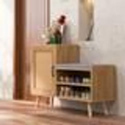 COSTWAY Meuble à Chaussures en Rotin avec Coussin Rembourré et Banc Porte et 3 Etagères pour Entrée Couloir 105 x 35 x 76 cm