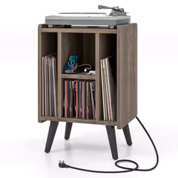 COSTWAY Support de Stockage de Disques Vinyles avec 4 Compartiments Ouverts Prise de Courant et Port USB 43x345x675cm Marron