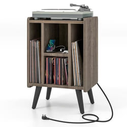 COSTWAY Support de Stockage de Disques Vinyles avec 4 Compartiments Ouverts Prise de Courant et Port USB 43x345x675cm Marron
