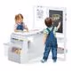 COSTWAY Table Enfant 4 en 1 avec Tabouret Table 2 Face Blanc & Noir Rouleau de Papier -11 Accessoires - Multi Rangement Gris