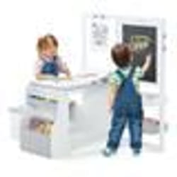 COSTWAY Table Enfant 4 en 1 avec Tabouret Table 2 Face Blanc & Noir Rouleau de Papier -11 Accessoires - Multi Rangement Gris