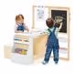 COSTWAY Table Enfant 4 en 1 avec Tabouret Table 2 Face Blanc & Noir Rouleau de Papier -11 Accessoires - Multi Rangement Blanc