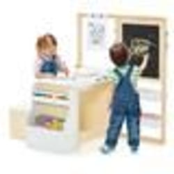 COSTWAY Table Enfant 4 en 1 avec Tabouret Table 2 Face Blanc & Noir Rouleau de Papier -11 Accessoires - Multi Rangement Blanc