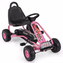 Kart à Pédales pour Enfants COSTWAY Siège RéglableVolant&Frein à Main pour lExtérieur Garçons&Filles 3-6 Ans 92x50x53CM Rose