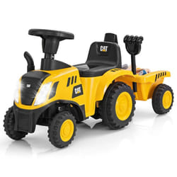 Tracteur pour Enfants 18 Mois-3 Ans COSTWAY Licence Caterpillar Pied au Sol Remorque&Pelle&Râteau&Klaxon&Lumières 92x29x44CM Jaune
