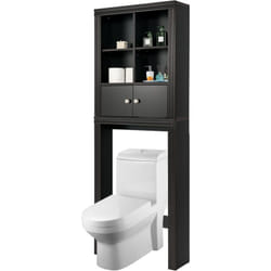 COSTWAY Meuble WC au-Dessus de Toilettes en Bois, Meuble de Salle de Bain avec 4 Compartiments et Placard à Porte, Étagère Réglable, Dispositif