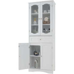 Costway - Armoire de Rangement de 160 cm de Haut, 2 Portes en Verre Transparent, 2 Etagères Réglables, 1 Tiroir, Autoportante, pour Salle de Bain,